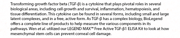 Transforming growth factor beta (TGF-b) is a cytokine that plays pivotal roles in several biological areas, including cell growth and survival, inflammation, hematopoiesis, and tissue differentiation. This cytokine can be found in several forms, including small and large latent complexes, and in a free, active form. As TGF-b has a complex biology, BioLegend offers a complete line of products to help measure the various components in its pathways. Wen et al. utilized our LEGEND MAX Free Active TGF-b1 ELISA Kit to look at how mesenchymal stem cells can prevent corneal cell damage.