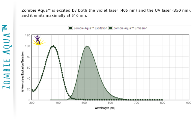 Zombie Aqua is excited by both the violet laser (405nm) and the UV laser (350 nm), and it emits maximally at 516 nm
